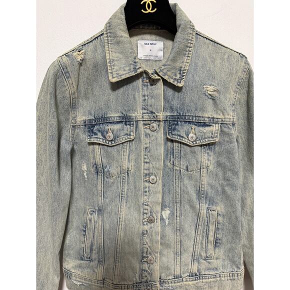 Old Navy Blue Denim Jacket Womens Medium Light Wash Trucker Distressed 1984 - Picture 3 of 13
